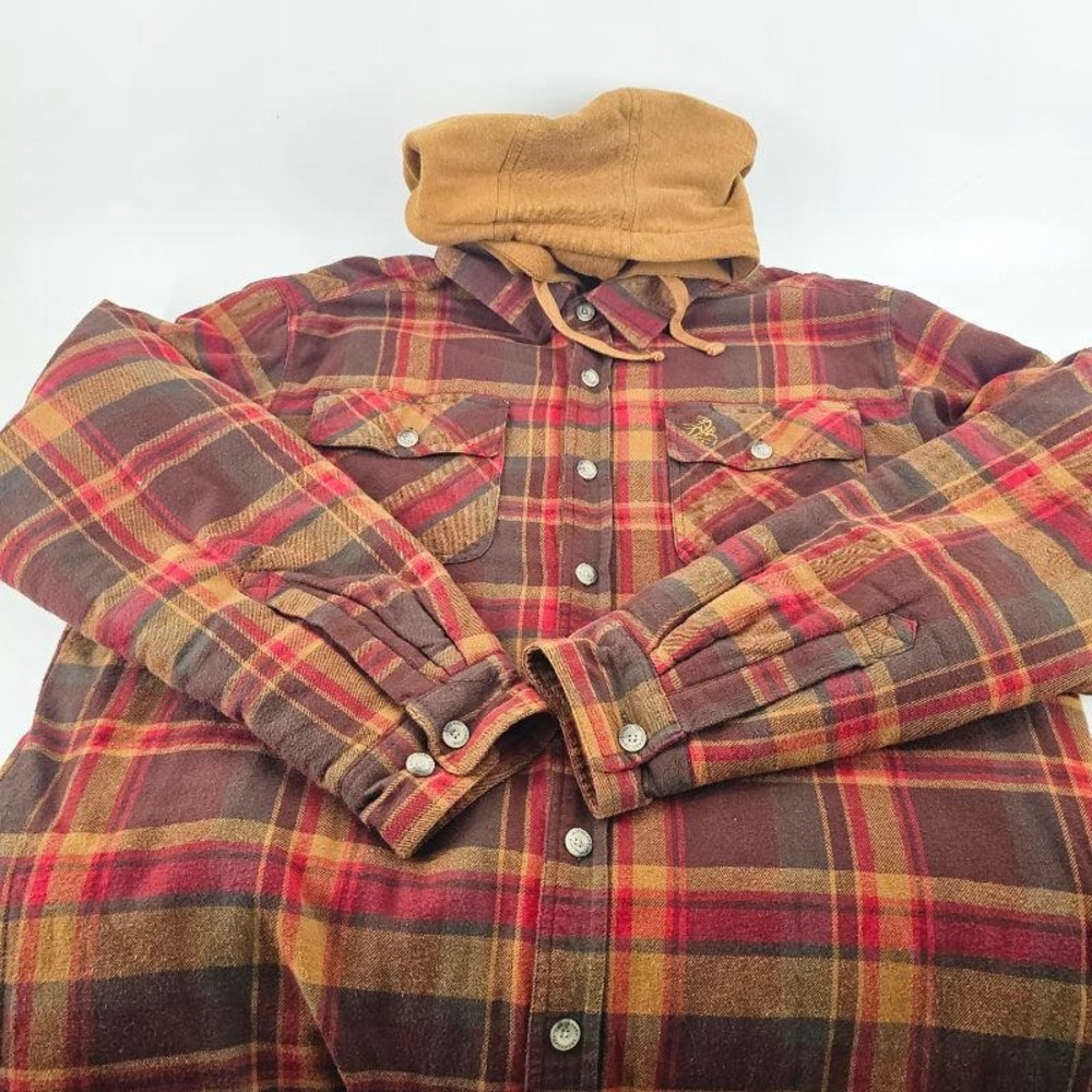 Legendary Whitetails Flannel Shirt Jacket Mens XL Brown Red Plaid Hooded Quilted